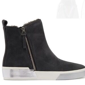 DOLCE VITA Faux Shearling Sneaker Wedge Bootie,  Black Leather, Size 8 1/2, NWT‎